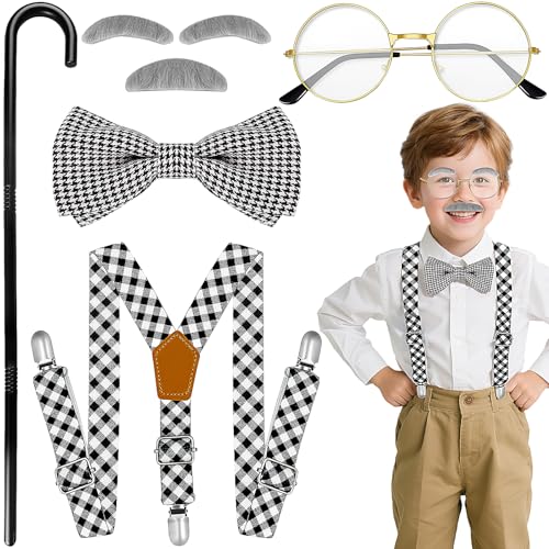 7-teiliges Opa-Kostüm-Zubehör-Set, alter Mann, Kostümzubehör mit falschem Bart, künstlichen Augenbrauen, Gehstock, Brille, Fliege, Hosenträgern, Herren-Kostüme für Partys und Rollenspiele von Oerphh
