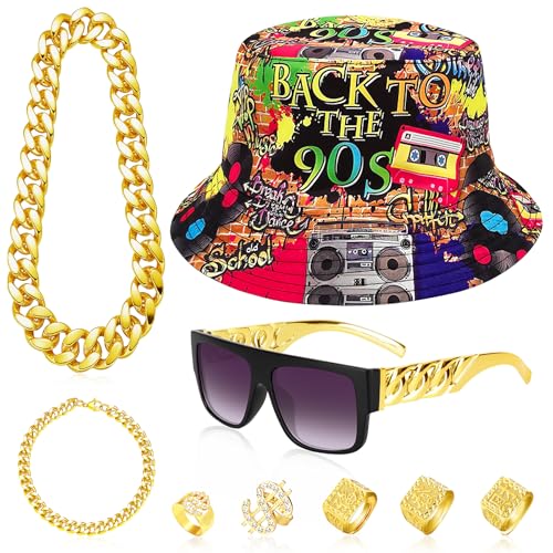 9 Stück Zuhälter Kostüm Goldkette Fasching Zuhälter Kostüm Set Metall Vergoldet Große Goldkette Zeichen Ring Fischerhut Sonnenbrille 80er 90er Jahre Outfit Herren Hip Hop Kostüm von Oerphh