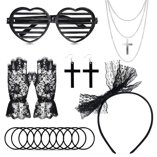 Oerphh 17-teiliges 80er-Jahre-Kostüm-Set für Damen, 80er-Jahre-Kostüm-Zubehör mit Spitze, Stirnband, Handschuhen, Halskette, Ohrringen, Armband, Herz, Brille, schwarz, 80er-Jahre-Stil, für Oerphh 17-teiliges 80er-Jahre-Kostüm-Set für Damen, 80er-Jahre-Kostüm-Zubehör mit Spitze, Stirnband, Handschuhen, Halskette, Ohrringen, Armband, Herz, Brille, schwarz, 80er-Jahre-Stil, für von Oerphh