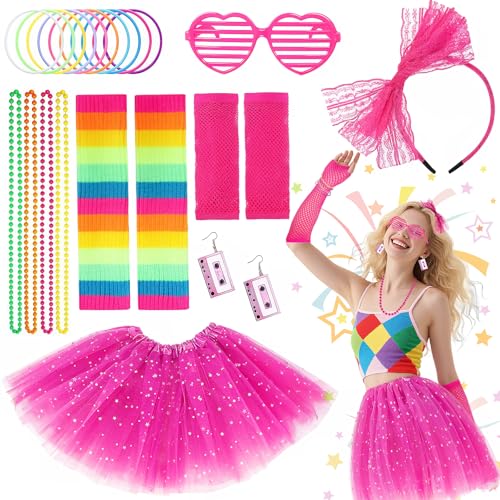 Oerphh 20-teiliges 80er-Jahre-Kostüm-Zubehör-Set für Damen und Mädchen, Neon-Retro-Kostüm-Outfits mit Tutu-Rock, Beinstulpen, Handschuhen, Stirnband für Retro-Mottoparty, Cosplay, Verkleidungstag von Oerphh