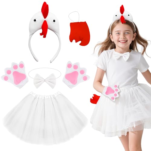 Oerphh 5-teiliges Hühner-Kostüm-Set, Hahn, Stirnband, Fliege, Schwanz, Ostern, Kostüm, Partyzubehör für Erwachsene und Kinder (weiß) von Oerphh