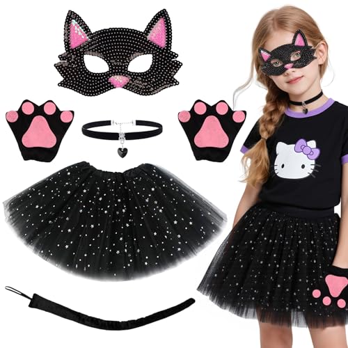 Oerphh 5-teiliges schwarzes Katzenkostüm-Set für Kinder, süßes Katzen-Cosplay mit Paillettenmaske, Halskette, Schwanz, Tüllrock und Krallenhandschuhen, Mädchen, Katzen, Verkleidung für Halloween von Oerphh