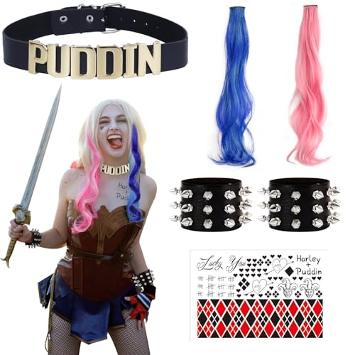 Oerphh 6-teiliges Damen-Kostüm-Zubehör-Set, Harley Cosplay mit Tattoo-Armband, Halsband, Haarverlängerung, Damen-Kostüme für Cosplay, Halloween, Weltbuchtag von Oerphh