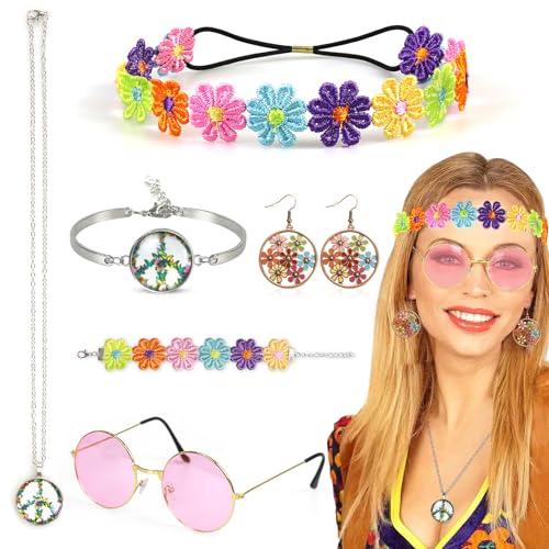 Oerphh 7 Stück 70er Hippie Flower Power Accessoires Hippie Kostüm Set mit Halskette,Ohrringe,Stirnband,Armband,Sonnenbrille,60er 70er Jahre Bekleidung Damen für Disco Party,Cosplay (Mehrfarbig-02) von Oerphh