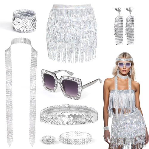 9 Stück Damen 60er 70er Jahre Glitzer Accessoires Disco Accessoires Kostüm mit Haarband Sonnenbrille Schal Ohrringe Armband Ring Pailletten Skirt Damen Glitzer Fasching Accessoires für Party Karneval 9 Stück Damen 60er 70er Jahre Glitzer Accessoires Disco Accessoires Kostüm mit Haarband Sonnenbrille Schal Ohrringe Armband Ring Pailletten Skirt Damen Glitzer Fasching Accessoires für Party Karneval von Oerphh