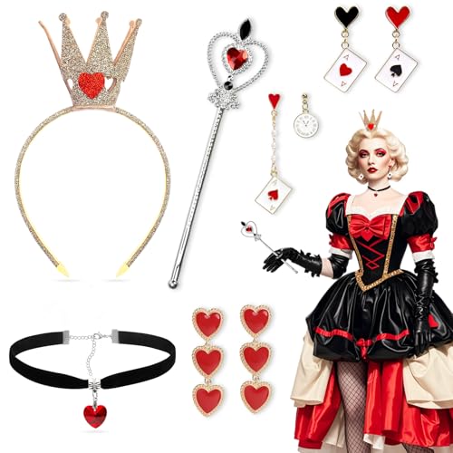 Oerphh 9-teiliges Queen-Kostüm-Zubehör mit Königin-Zauberstab, Stirnband, Choker-Halskette, Ohrringe, Damen, Mädchen, Königin-Herz-Kostüm Oerphh 9-teiliges Queen-Kostüm-Zubehör mit Königin-Zauberstab, Stirnband, Choker-Halskette, Ohrringe, Damen, Mädchen, Königin-Herz-Kostüm von Oerphh