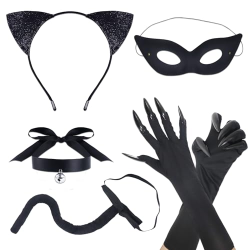 Oerphh Catwoman-Kostüm-Zubehör, schwarze Katze, Cosplay-Set mit Katzenohren, Stirnband, Augenabdeckung, Schwanz, Katzenkrallenhandschuhe, Halskette, schwarze Katze, Cosplay-Kostüm für Damen, Oerphh Catwoman-Kostüm-Zubehör, schwarze Katze, Cosplay-Set mit Katzenohren, Stirnband, Augenabdeckung, Schwanz, Katzenkrallenhandschuhe, Halskette, schwarze Katze, Cosplay-Kostüm für Damen, von Oerphh