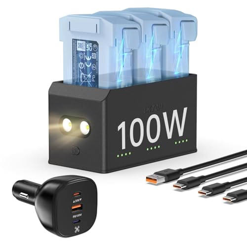 100-W-Parallelladehub (3-Fach superschnell, Speicher-LED-Lichtmodus) for DJI Mini 4 Pro/3 Pro/3 (3 Akkus in 47 Min. Aufladen)(Charging Hub+Car Charger) von Oeudire
