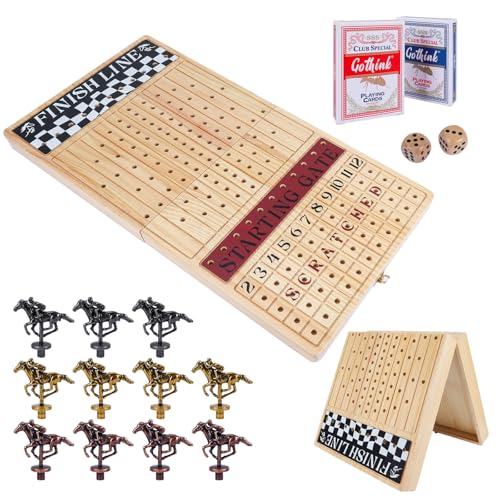 Offelec Großes 58,4 cm Pferderennen-Brettspiel, hochwertige langlebige faltbare Holzbox, Pferderennspiel mit 11 Retro-Metallpferden, 2 Würfeln und 2 Spielkarten, lustige Familien-Nachtspiele für von Offelec