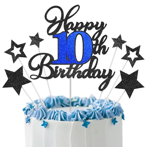 Tortenaufsatz zum 10. Geburtstag, Schwarz / Blau, "Happy 10th Birthday", Kuchendekoration für Jungen und Mädchen, 10 Jahre alte Geburtstagsparty, Glitzer-Kuchendekoration, Kuchendekoration zum 10. Tortenaufsatz zum 10. Geburtstag, Schwarz / Blau, "Happy 10th Birthday", Kuchendekoration für Jungen und Mädchen, 10 Jahre alte Geburtstagsparty, Glitzer-Kuchendekoration, Kuchendekoration zum 10. von OffiCreative