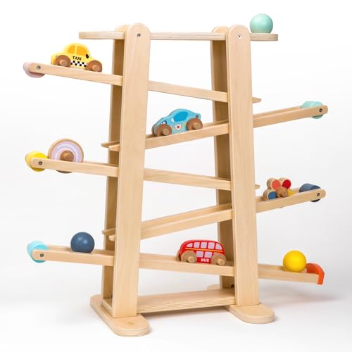 Oh My Baby Große Kugelbahn aus FSC Lindenholz, Murmelbahn-Set, inklusive 9 Autos und Spielzeugbälle. Kugelbahn für Kinder ab 1 Jahr, Größe: 57 x 60 cm von oh my baby