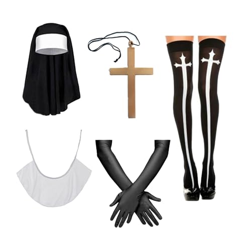 Halloween-Nonnen-Kostüm-Zubehör mit Nonnen-Kopfschmuck, Kragen, Kreuz-Anhänger, schwarze lange Handschuhe, kniehohe Socken, 5 Stück Halloween-Nonnen-Kostüm-Zubehör mit Nonnen-Kopfschmuck, Kragen, Kreuz-Anhänger, schwarze lange Handschuhe, kniehohe Socken, 5 Stück von OhMill