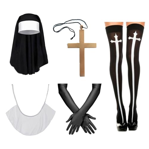 OhMill 5 Nonnenkostüme – Turban-Halskette in Kreuzform, Handschuhe, hohe Socken, religiös, für Halloween, Cosplay, Karneval OhMill 5 Nonnenkostüme – Turban-Halskette in Kreuzform, Handschuhe, hohe Socken, religiös, für Halloween, Cosplay, Karneval von OhMill