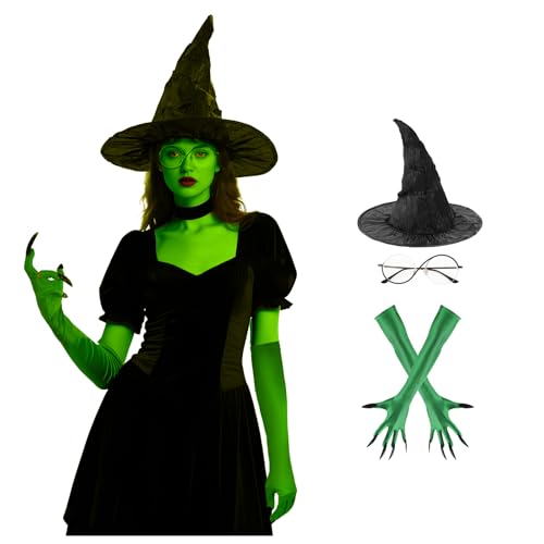 OhMill Halloween-Hexenkostüm-Set, schwarzer Hexenhut, grüne Krallenhandschuhe und Brille, Halloween, Cosplay, Party, Zauberer, Verkleidungsrequisiten OhMill Halloween-Hexenkostüm-Set, schwarzer Hexenhut, grüne Krallenhandschuhe und Brille, Halloween, Cosplay, Party, Zauberer, Verkleidungsrequisiten von OhMill