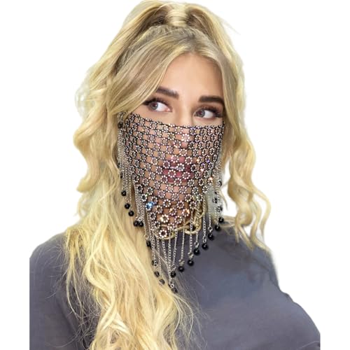 OhMill Mesh-Maske mit Strass für Damen, Glitzer-Maske mit Fransen, Night-Club, Party, Kette aus Strass, für Gesicht, Zubehör für Cosplay, Ball, Maskenball OhMill Mesh-Maske mit Strass für Damen, Glitzer-Maske mit Fransen, Night-Club, Party, Kette aus Strass, für Gesicht, Zubehör für Cosplay, Ball, Maskenball von OhMill