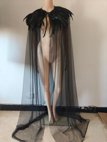 OhMill Schwarzer Tüllumhang mit Schal Feder Gothic Schulterklappen Federn Steampunk Halloween Hexenumhang mit Federkragen für Party Maskenball Karneval von OhMill