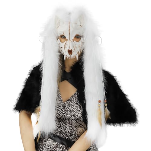 OhMill Werwolf-Maske Horror für Halloween Maske Fuchs Schädel Wikinger mit Kunstpelz Kopfbedeckung Tierskelett für Cosplay Halloween Karneval Ostern von OhMill
