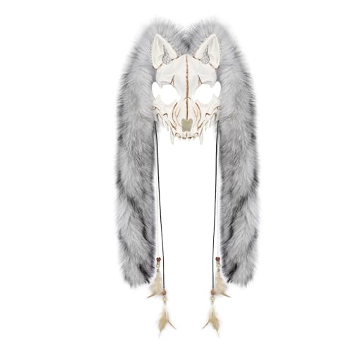 OhMill Werwolf-Maske Horror für Halloween Maske Fuchs Schädel Wikinger mit Kunstpelz Kopfbedeckung Tierskelett für Cosplay Halloween Karneval Ostern von OhMill