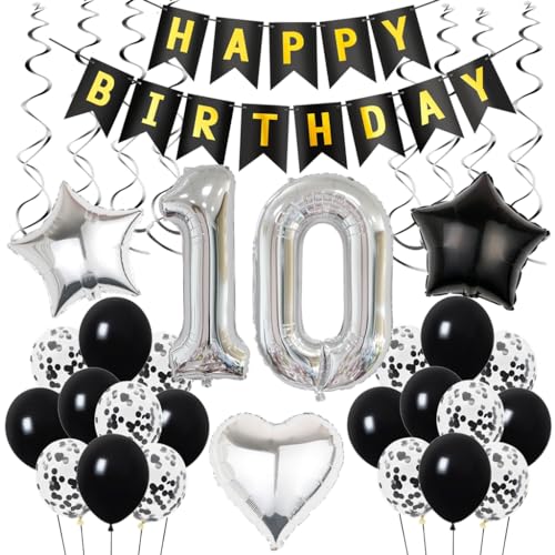 10. Geburtstag Dekoration, Geburtstagsdeko 10 Jahre Junge, 10 Geburtstag Deko, 10 Ballon Schwarz und Silber Deko, Luftballon 10. Geburtstag Party Deko, Deko 10 Geburtstag Junge Mädchen von Ohaoduo