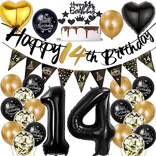 14 Geburtstag Deko Junge Mädchen, Luftballon 14. , Gold Schwarz Geburtstagsdeko 14 Jahre, Ballon Schwarz Gold Deko 14. , Gold Schwarz 14 Jahr Geburtstagdeko von Ohaoduo