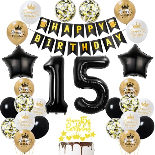 15 Geburtstag Deko Junge Mädchen, Gold Schwarz Party Deko 15. Geburtstag Junge Mädchen mit Luftballons Zahl 15 Geburtstag Tortendeko Happy Birthday Banner Ballons für Geburtstagsdeko 15 jahre 15 Geburtstag Deko Junge Mädchen, Gold Schwarz Party Deko 15. Geburtstag Junge Mädchen mit Luftballons Zahl 15 Geburtstag Tortendeko Happy Birthday Banner Ballons für Geburtstagsdeko 15 jahre von Ohaoduo