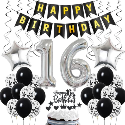 16. Geburtstag Dekoration, Geburtstagsdeko 16 Jahre Junge, 16 Geburtstag Deko, 16 Ballon Schwarz und Silber Deko, Luftballon 16. Party , 16 Junge Mädchen von Ohaoduo