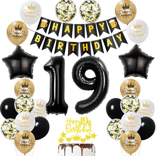 19 Geburtstag Deko Junge Mädchen, Gold Schwarz Party Deko 19. Geburtstag Junge Mädchen mit Luftballons Zahl 19 Geburtstag Tortendeko Happy Birthday Banner Ballons für Geburtstagsdeko 19 jahre von Ohaoduo