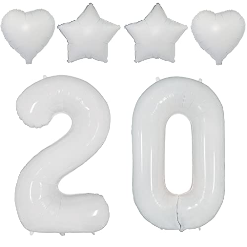 2 Luftballons Zahl 20 Weiß,40"Nummer 20 Luftballon Weiß frau +Stern/herz Weiß Folienballon,Helium ballons 20. Geburtstag deko frau mann Weiß Folienballon 20 jahre Geburtstag dekoration frauen(20) von Ohaoduo