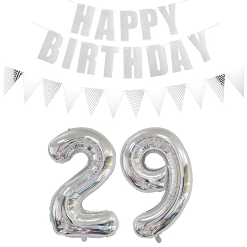 Luftballons Zahl 29 Silber + Happy Birthday Girlande + banner Folienballon 29.Geburtstags deko frau mann ballons 29 Jahre Geburtstag deko frauen Zahlenballon 29 Geburtstag dekoration Männer frau(29) von Ohaoduo
