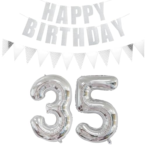 Luftballons Zahl 35 Silber + Happy Birthday Girlande + banner Folienballon 35.Geburtstags deko frau mann ballons 35 Jahre Geburtstag deko frauen Zahlenballon 35 Geburtstag dekoration Männer frau(35) von Ohaoduo