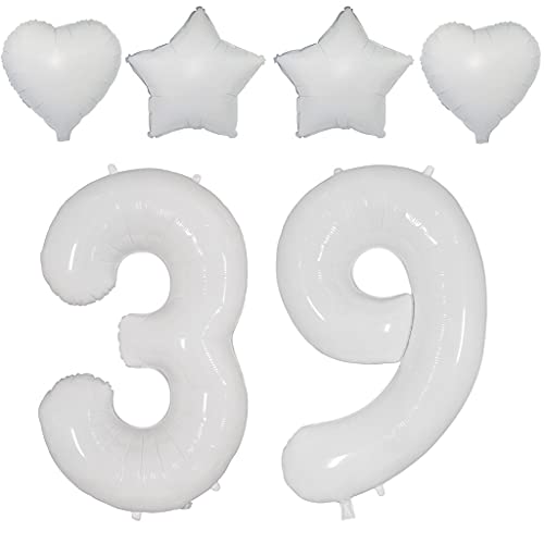 2 Luftballons Zahl 39 Weiß,40"Nummer 39 Luftballon Weiß frau +Stern/herz Folienballon,Helium ballons 39. Geburtstag deko frau mann Folienballon 39 jahre Geburtstag dekoration frauen(39) von Ohaoduo