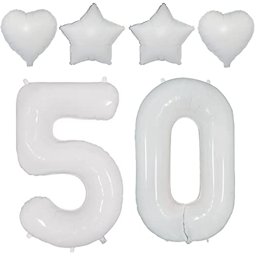 2 Luftballons Zahl 50 Weiß,40"Nummer 50 Luftballon Weiß frau +Stern/herz Folienballon,Helium ballons 50. Geburtstag deko frau mann Folienballon 50 jahre Geburtstag dekoration frauen(50) von Ohaoduo