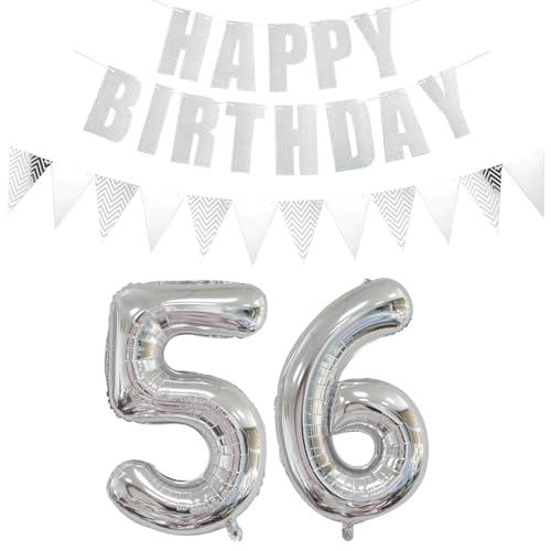 Ohaoduo Silber Ballon 56 Jahre Geburtstag Dekoration - 4 Stück, Happy Birthday Banner, Wimpelkette, Ballonband - Aluminiumfolie, Digital - Unisex, alle Altersgruppen - Männer, 56. Geburtstag von Ohaoduo