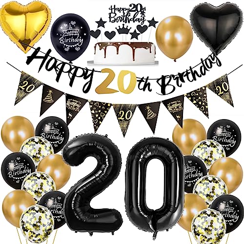 20 Geburtstag Deko Mann Frauen, Luftballon 20. Gold Schwarz Geburtstagsdeko 20 Jahre, Ballon Schwarz Gold Deko 20. Gold Schwarz 20 Jahr Geburtstagdeko von Ohaoduo