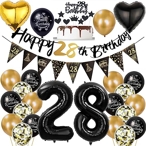 28 Geburtstag Deko Mann Frauen, Luftballon 28. Gold Schwarz Geburtstagsdeko 28 Jahre, Ballon Schwarz Gold Deko 28. Gold Schwarz 28 Jahr Geburtstagdeko von Ohaoduo