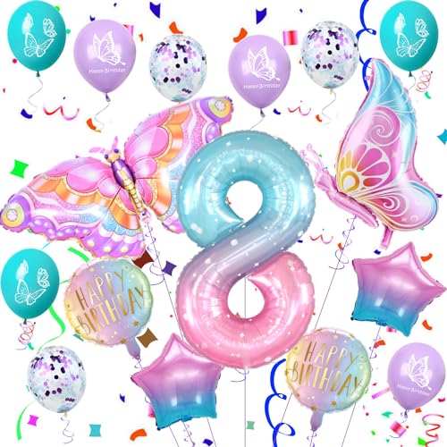 8. Schmetterling Geburtstagsdeko, Schmetterling 8 Geburtstag Mädchen, 8 Jahre Geburtstag Deko, Bunt Schmetterlinge Ballon 8 Jahre, Mädchen 8 , Party 8 Luftballon von Ohaoduo