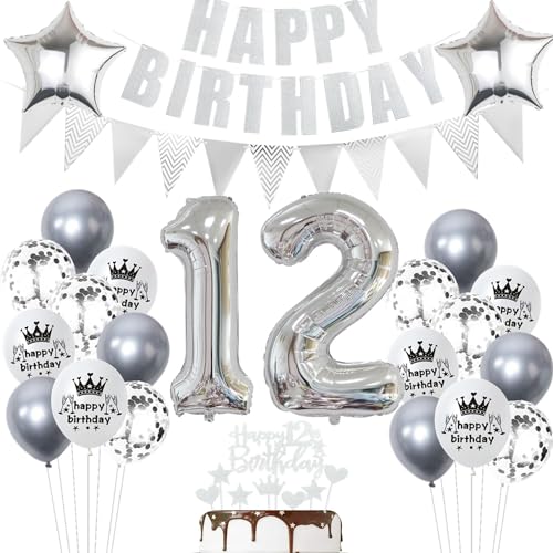 Geburtstagsdeko 12 Jahr Silber - Luftballons und Tortendeko für Mädchen und Jungen - Party Dekoration Set Geburtstagsdeko 12 Jahr Silber - Luftballons und Tortendeko für Mädchen und Jungen - Party Dekoration Set von Ohaoduo