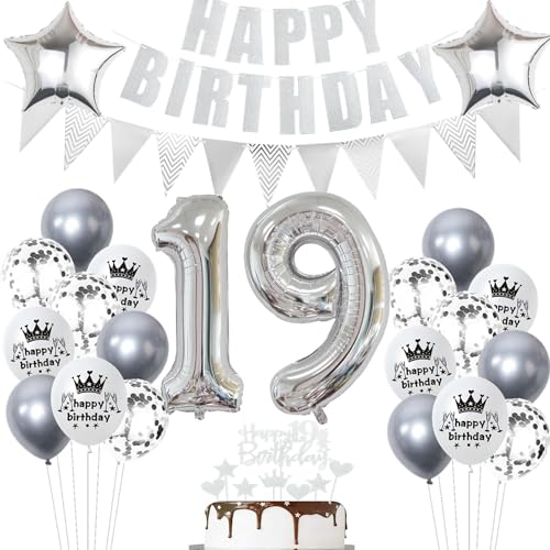 Geburtstagsdeko 19 Jahr Silber - Luftballons und Ballon für 19. Geburtstag - Party Dekoration für Mädchen und Jungen - Tortendeko von Ohaoduo