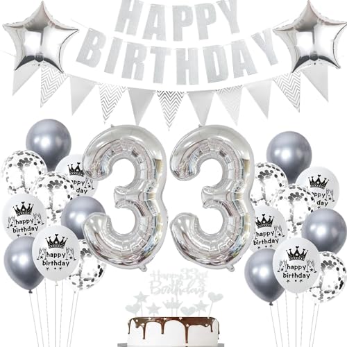 Geburtstagsdeko 33 Jahr Silber - Luftballons und Ballon Set für Mädchen und Jungen - Party Dekoration mit Tortendeko von Ohaoduo