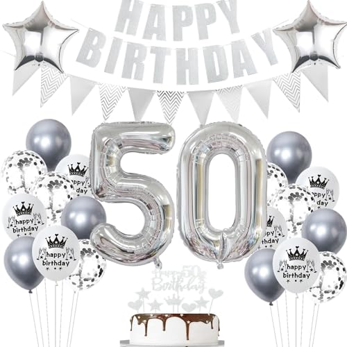 Geburtstagsdeko 50 Jahr Silber - Luftballons und Ballon für 50. Geburtstag - Party Dekoration für Mädchen und Jungen - Tortendeko Geburtstagsdeko 50 Jahr Silber - Luftballons und Ballon für 50. Geburtstag - Party Dekoration für Mädchen und Jungen - Tortendeko von Ohaoduo