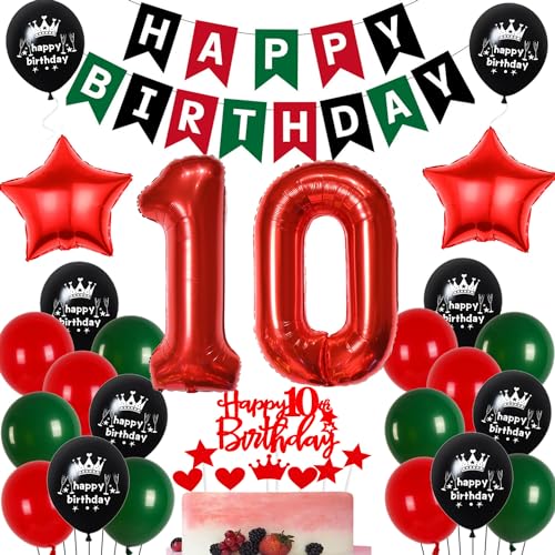 Luftballon 10. Geburtstag Rot Grün, Deko 10 Geburtstag Mädchen Junge, 10 Jahr Geburtstagdeko Rot Grün Schwarz, Junge Mädchen 10. Party Deko, 10 Jahr Geburtstag Grün Rot Party Ballons von Ohaoduo