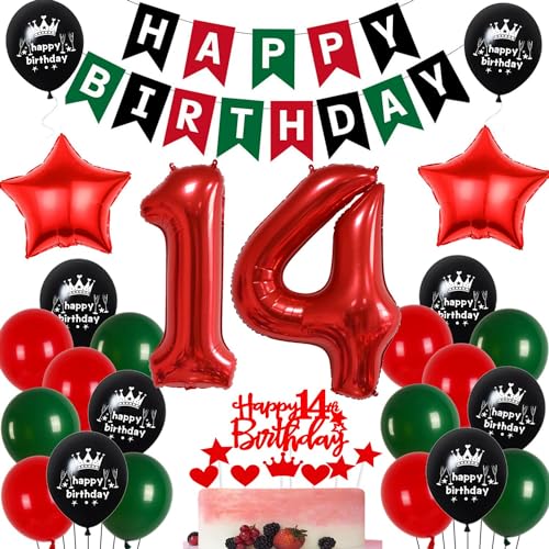 Ohaoduo Luftballon 14. Geburtstag Rot Grün, Deko 14 Geburtstag Mädchen Junge, 14 Jahr Geburtstagdeko Rot Grün Schwarz, Junge Mädchen 14. Party Deko, 57 Stück Ballons mit Bändern, Banner und Tortendeko von Ohaoduo