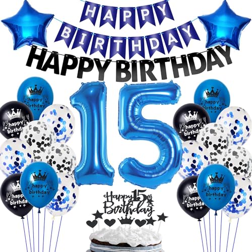 Luftballon 15. Geburtstag Blau Schwarz,15 Geburtstag Junge Ballons,Blau Schwarz 15 Jahre Jungen Party Deko,Geburtstagsdeko 15 Jahre Jungen Mädchen,Blau 15. Party Deko,Tortendeko 15. Geburtstag von Ohaoduo