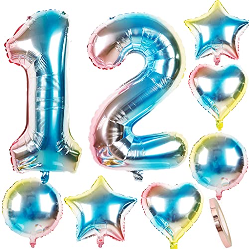 Luftballons 12 Geburtstag Dekoration Mädchen Junge bunt Zahlenballon 12 + herz/Stern Helium Folienballon 12 jahre geburtstag deko Mädchen rosa geburtstagsdeko 12.geburtstag deko Junge Mädchen(12) von Ohaoduo