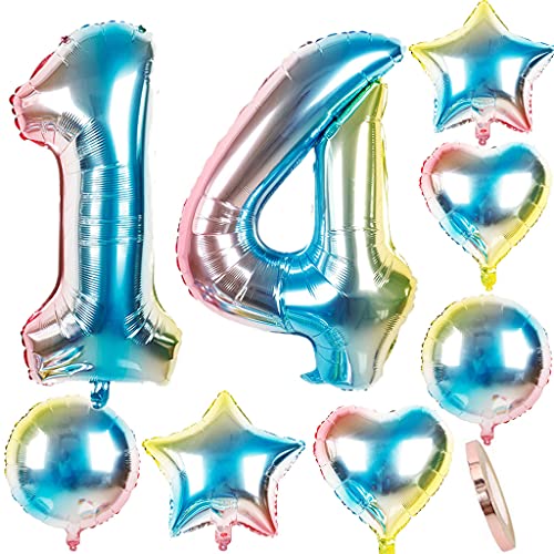 Luftballons 14 Geburtstag Dekoration Mädchen Junge bunt Zahlenballon 14 + herz/Stern Helium Folienballon 14 jahre geburtstag deko Mädchen rosa geburtstagsdeko 14.geburtstag deko Junge Mädchen(14) von Ohaoduo