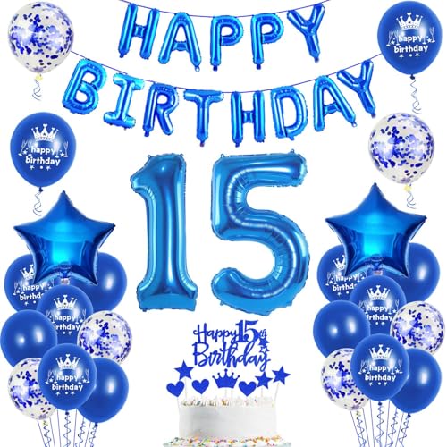 Luftballons 15. Geburtstag Dekoration junge blau happy birthday 15th Geburtstag Party Deko Set 15 geburtstag deko junge 15 jahre blau Folienballons von Ohaoduo