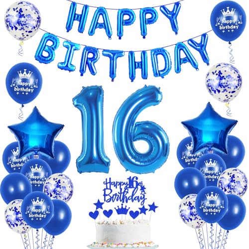 Luftballons 16. Geburtstag Dekoration junge blau happy birthday 16th Geburtstag Party Deko Set 16 geburtstag deko junge 16 jahre blau Folienballons von Ohaoduo