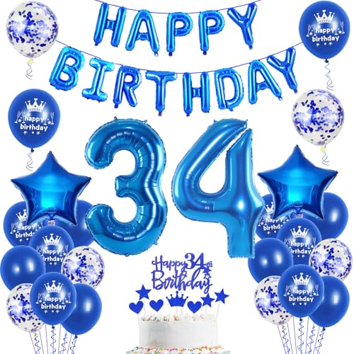 Luftballons 34. Geburtstag Dekoration mann blau happy birthday 34th Geburtstag Party Deko Set 34 geburtstag deko männer 34 jahre mannn blau Folienballons 34 männer (34) von Ohaoduo