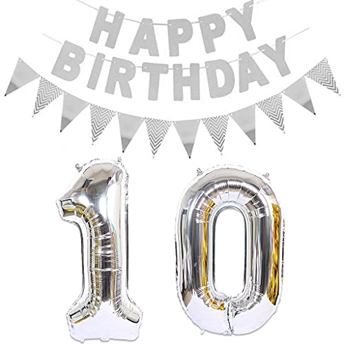 Luftballons Zahl 10 + Happy Birthday Girlande + banner Folienballon 10.Geburtstags deko Mädchen jungen Silber ballons 10 Jahre Geburtstag deko Zahlenballon 10 Geburtstag dekoration Mädchen junge (10) von Ohaoduo