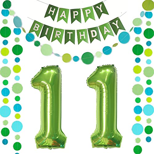 Luftballons Zahl 11 Grün + Happy Birthday Girlande + banner Folienballon 11.Geburtstags deko Mädchen jungen ballons 11 Jahre Geburtstag deko Zahlenballon 11 Geburtstag dekoration Mädchen junge(11) von Ohaoduo